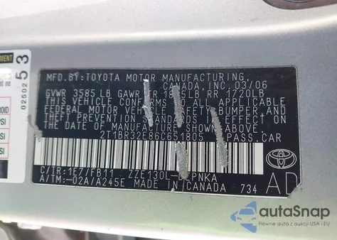 2006 Toyota Corolla Le from USA, damaged, VIN 2T1BR32E86C651805